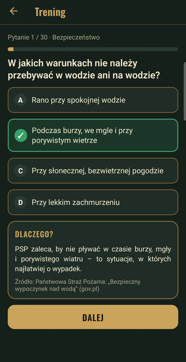 Pytanie testowe na kartę wędkarską z wyjaśnieniem i źródłem